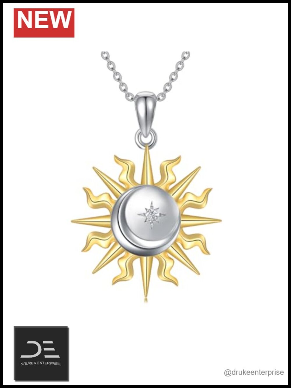 925 Sterling Silver Sun Moon Pendant Necklace Lab Grown Diamond Celestial